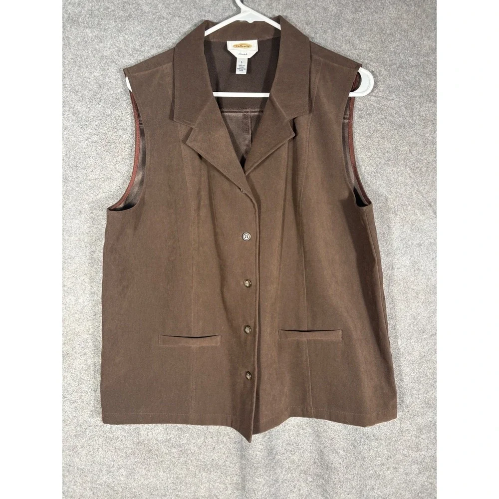 Talbots Womens Large Brown Faux Suede‎ Stretch Button Front Vest Lined Pocket L